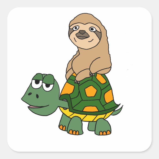 Cute Funny Sloth on Turtle Cartoon Square Sticker (Front)