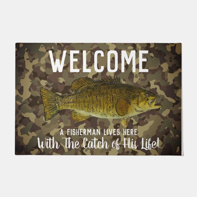 Cute Funny Smallmouth Bass Welcome Fishing Camo Doormat (Front)