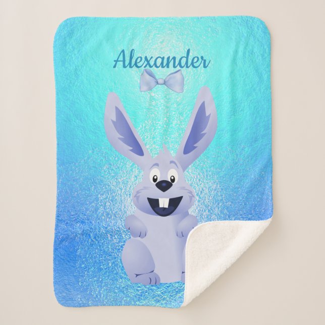 Cute Funny Smiling Bunny Name Personalize Sherpa Blanket (Front)