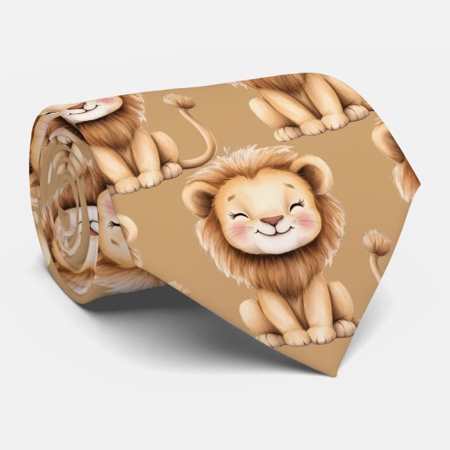 Cute Funny Smiling Lion Brown Neck Tie (Rolled)