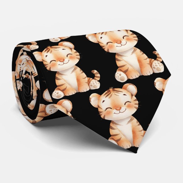 Cute Funny Smiling Tiger Black Neck Tie (Rolled)