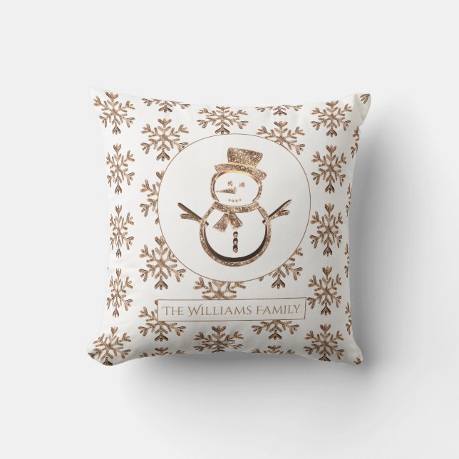 Cute Funny Snowman Snowflakes White and Gold Throw Pillow (Front)