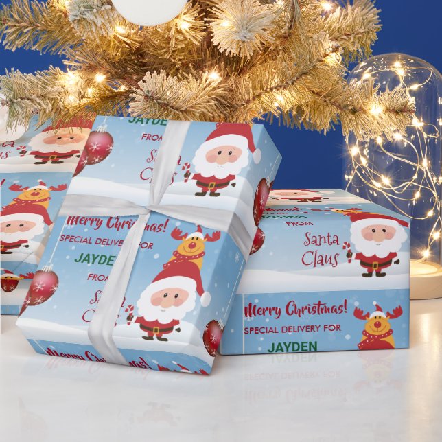 Cute Funny Special Delivery Gift Santa Rudolph Wrapping Paper (Holidays)