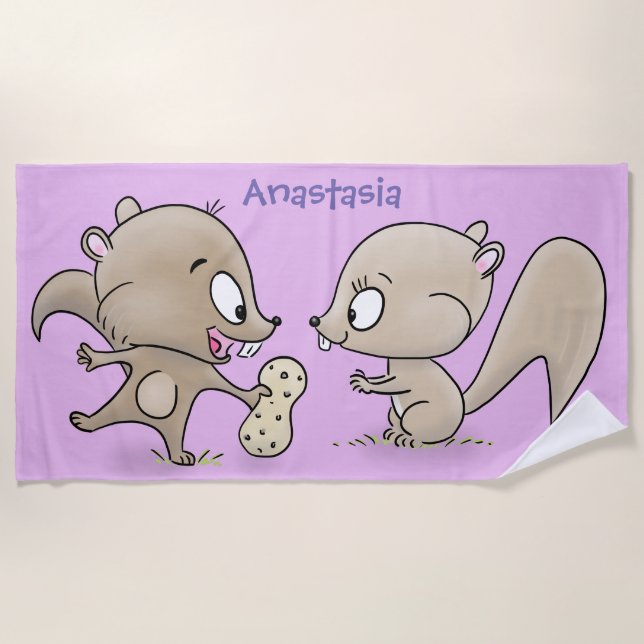 Cute funny squirrels cartoon illustration beach towel (Front)