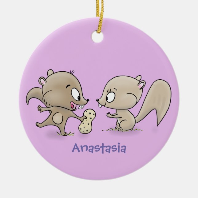 Cute funny squirrels cartoon illustration ceramic ornament (Front)