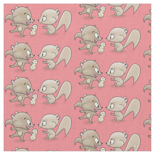 Cute funny squirrels cartoon illustration fabric (Close Up)