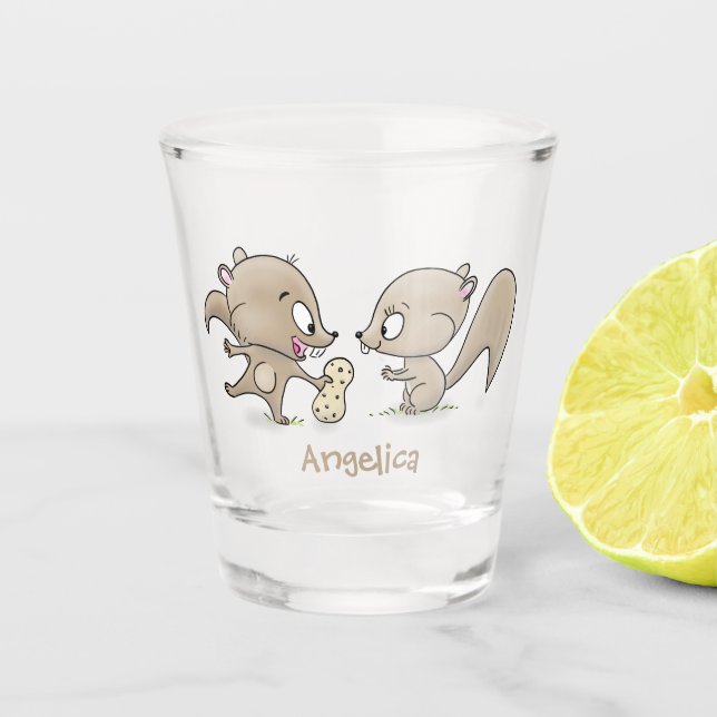 Cute funny squirrels cartoon illustration shot glass (Front)