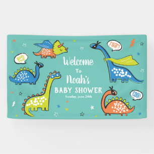 Cute funny superhero dinosaurs on aqua blue banner