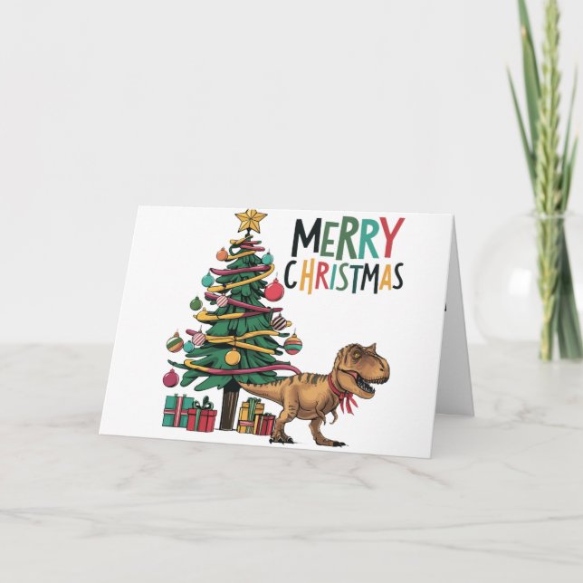 Cute Funny T-rex Dinosaur and Christmas Tree Card (Front)