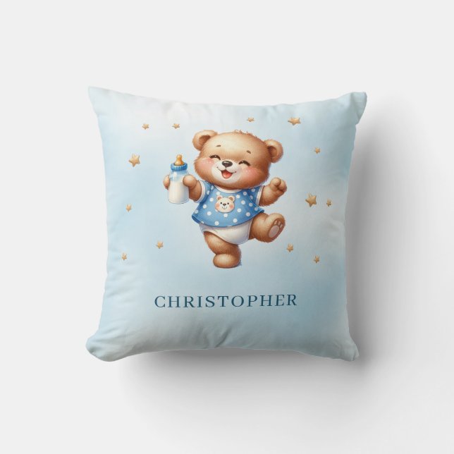 Cute funny teddy bear with baby bottle throw pillow (Front)