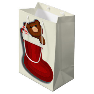 Cute Funny Teddybear in Stocking Christmas Medium Gift Bag