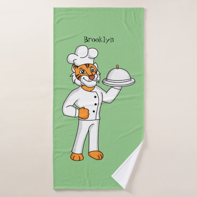 Cute funny tiger chef cartoon illustration  bath towel set (Bath Towel)