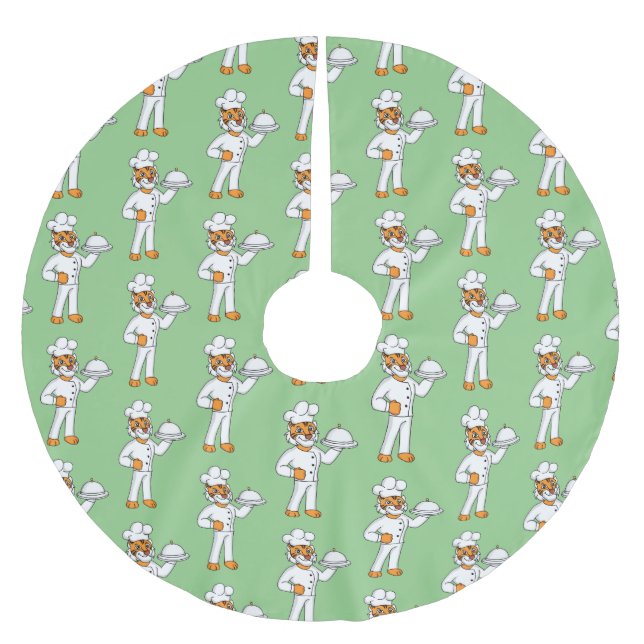 Cute funny tiger chef cartoon illustration  brushed polyester tree skirt (Front)