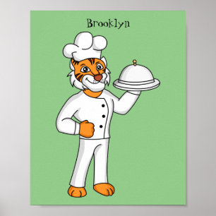 Cute funny tiger chef cartoon illustration poster