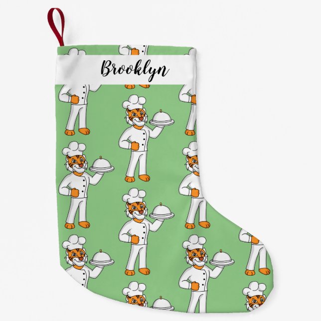 Cute funny tiger chef cartoon illustration  small christmas stocking (Front)