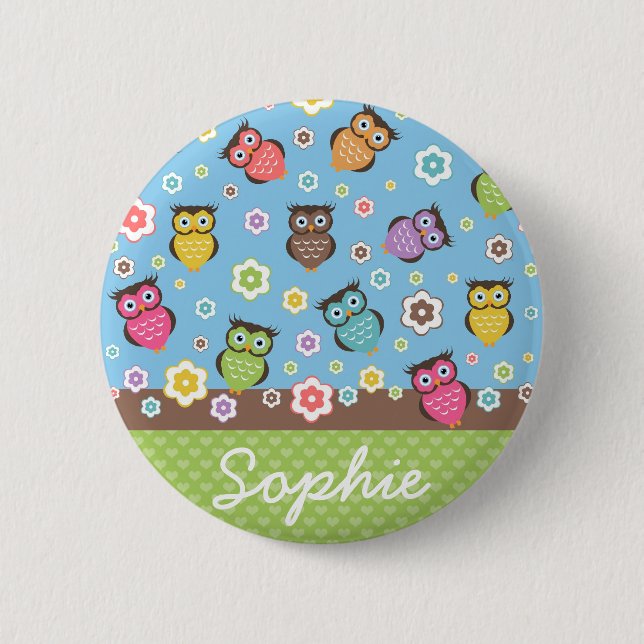 Cute funny trendy owls and flowers pattern 2 inch round button (Front)