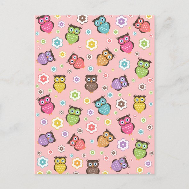 Cute funny trendy owls and flowers pattern postcard (Front)