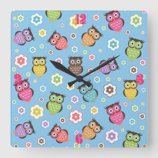 Cute funny trendy owls and flowers pattern square wall clock (Front)