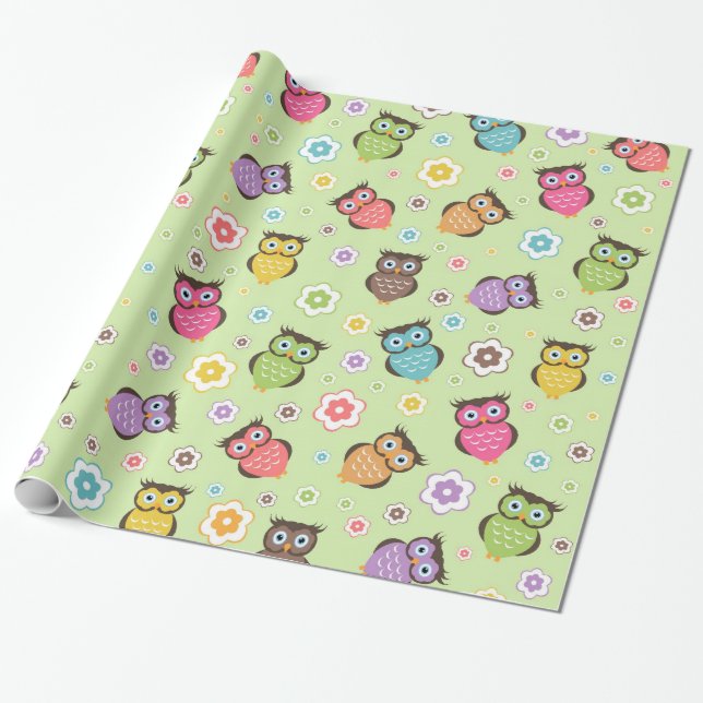 Cute funny trendy owls and flowers pattern wrapping paper (Unrolled)