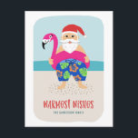 Cute Funny Tropical Beach Santa Christmas in July  Holiday Postcard<br><div class="desc">This adorable holiday postcard features a hand drawn tropical Santa, wearing colourful swim trunks and a bright fuchsia flamingo pool float! The background includes the ocean and a sandy beach. Easy to customize with your own text on the front and back! Send smiles this Christmas season or for Christmas in...</div>