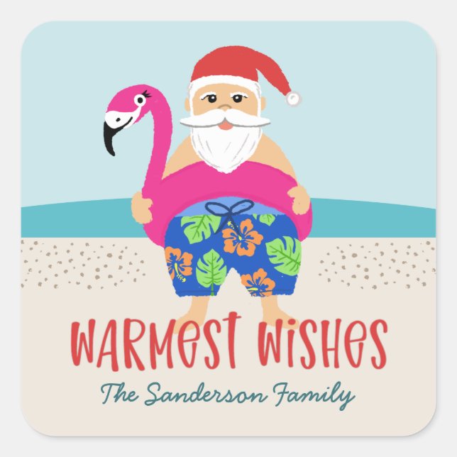 Cute Funny Tropical Santa Warmest Wishes Name Square Sticker (Front)