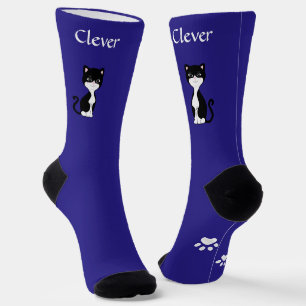 Cute Funny Tuxedo Cat & Paws on Blue Socks