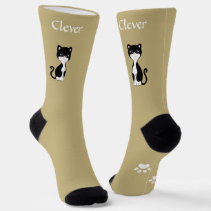 Cute Funny Tuxedo Cat & Paws on Light Beige Socks