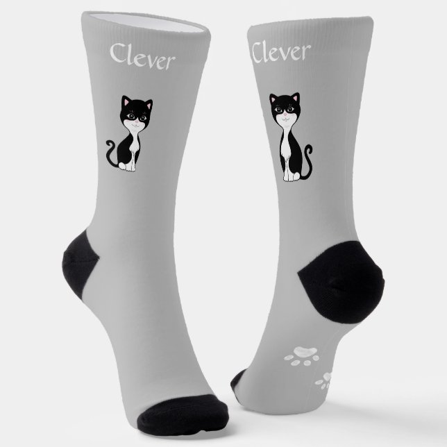 Cute Funny Tuxedo Cat & Paws on Light Grey Socks (Angled)