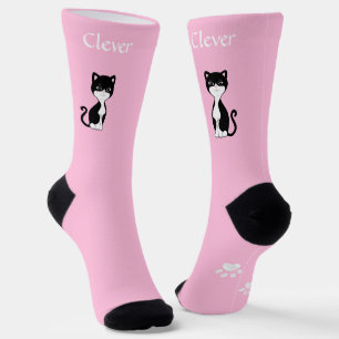Cute Funny Tuxedo Cat & Paws on Light Pink Socks