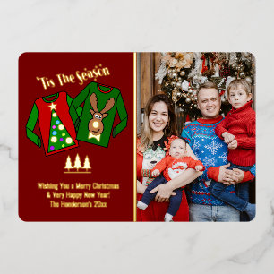 Cute Funny Ugly Sweater Themed Photo Foil Holiday Card