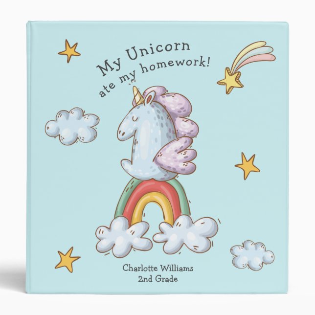 Cute Funny Unicorn Ate My Homework Illustration Binder (Front)