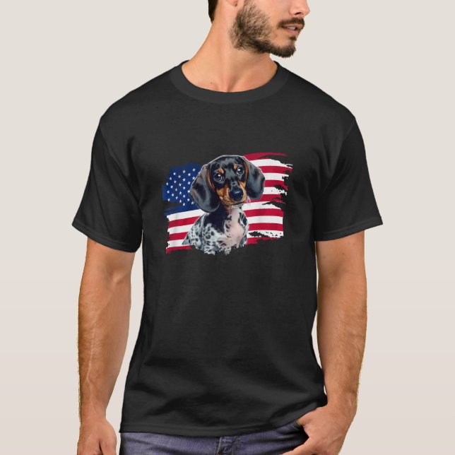 Cute Funny USA Flag 4th Patriotic Piebald Dachshun T-Shirt (Front)