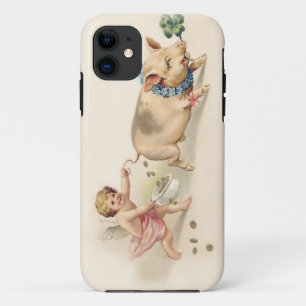 Cute Funny Vintage Pig and Angel Running Together iPhone 11 Case