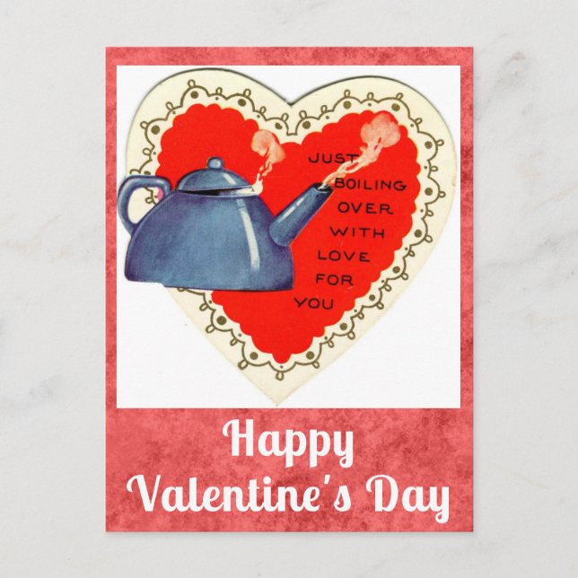 Cute Funny Vintage Valentines Day Tea Teapot Postcard (Front)