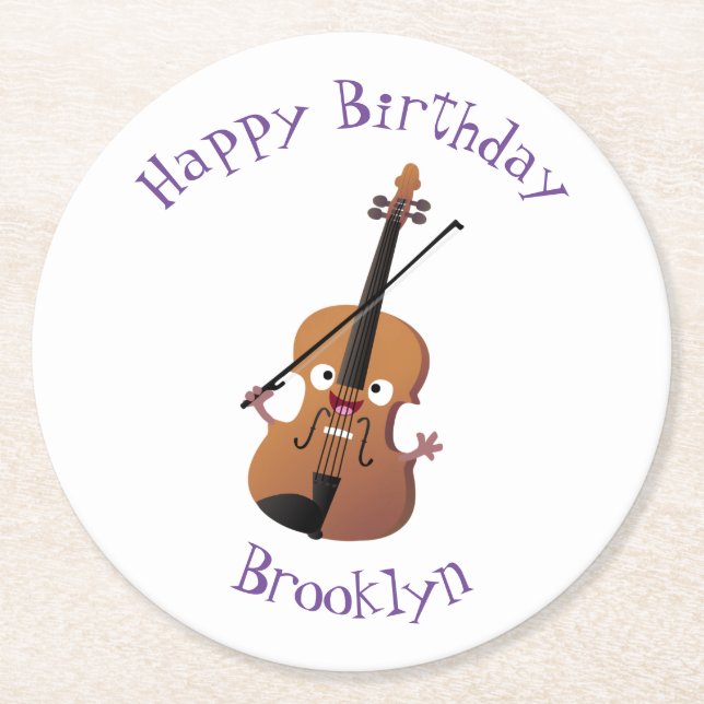 Cute funny violin musical cartoon character round paper coaster (Front)