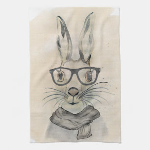 Cute funny watercolor bunny with glasses and scarf kitchen towel