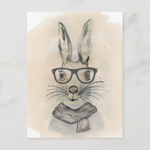 Cute funny watercolor bunny with glasses and scarf postcard