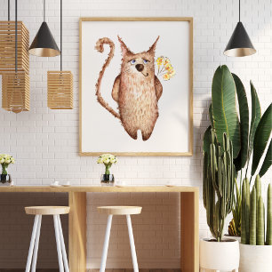 Cute funny watercolor cat illustration decorative poster