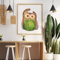 Cute funny watercolor owl green brown
