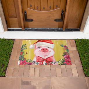 Cute Funny Watercolor Piglet Merry Christmas Pig Doormat