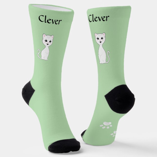 Cute Funny White Cat & Paws on Light Green Socks (Angled)