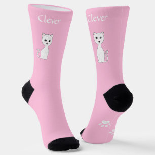 Cute Funny White Cat & Paws on Light Pink Socks