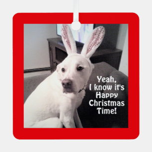 Cute funny White Dog Wearing Bunny Ears Christmas Metal Ornament