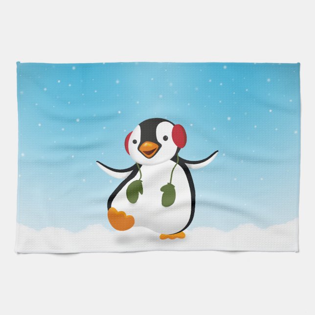 Cute Funny Winter Penguin Kitchen Towel (Horizontal)
