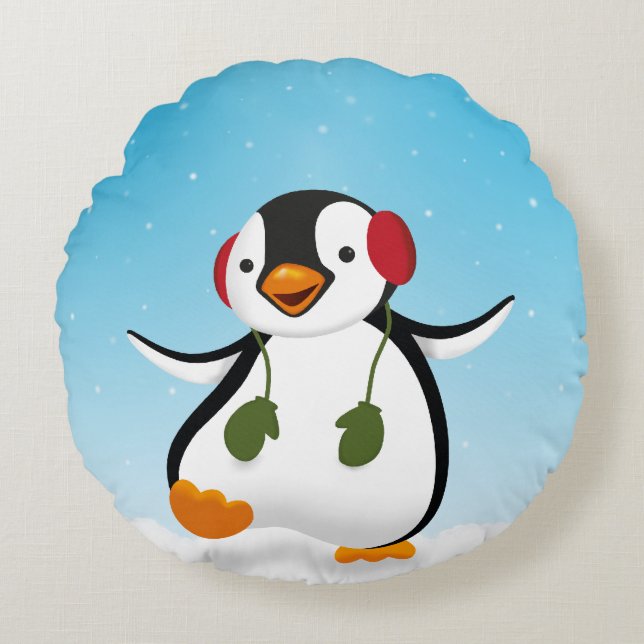 Cute Funny Winter Penguin Round Pillow (Front)