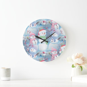 Cute Funny Winter Season Snowmen in Snow Large Clock