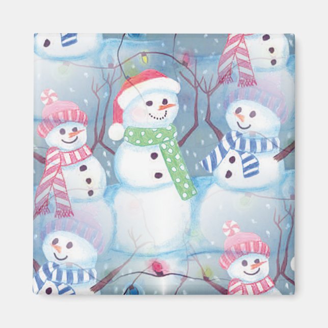 Cute Funny Winter Season Snowmen in Snow Magnet (Front)