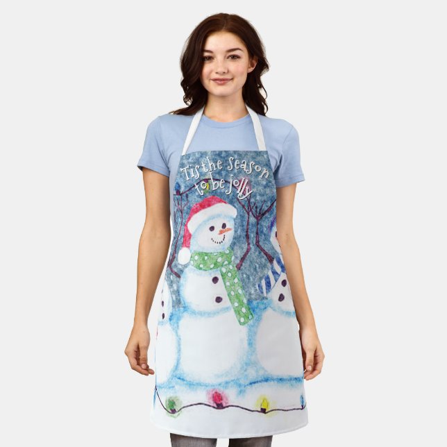 Cute Funny Winter Season Snowmen Watercolor Art Apron (Worn)