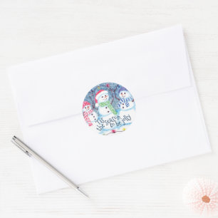 Cute Funny Winter Season Snowmen Watercolor Art Classic Round Sticker