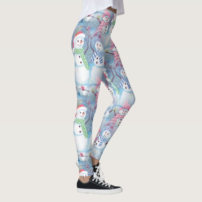 Cute Funny Winter Season Snowmen Watercolor Art Leggings (Right)